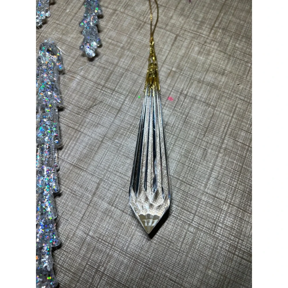Vintage Iridescent Glitter Icicle Ornaments and Glass Prism Set 11 Piece Clear